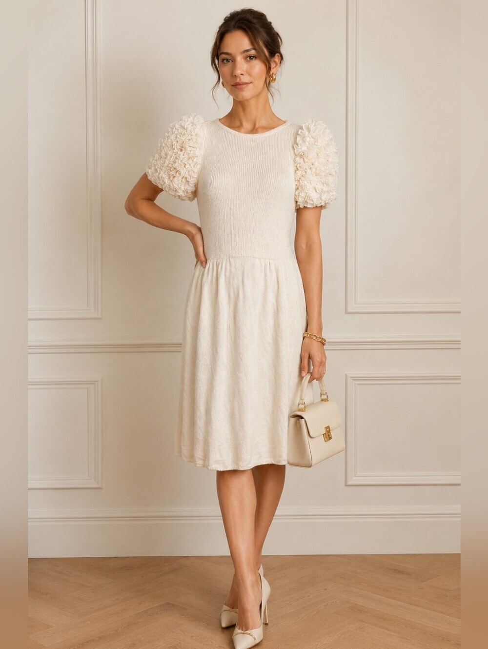 Vintage St John Knit Dress Ivory Cream Statement Puff Sleeve Wedding Engagement